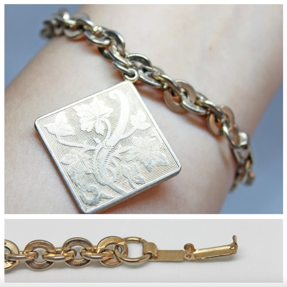 Vintage Light Gold Flat Edge Cable Chain Bracelet with Diamond Shaped Leaf Charm - Picture 4 of 8